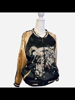 Embroidered Black & Gold Satin Bomber Double Side  Jacket Size M